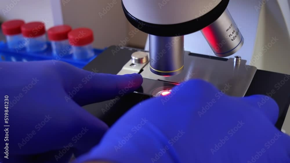 Closeup, the scientist puts the glass slide into the clamps of the