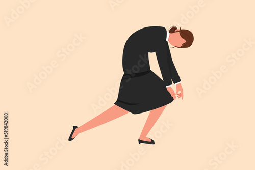 Business flat cartoon style drawing depressed businesswoman bowed down. Woman feeling lonely, stressed, mental pressure. Bankruptcy on economic recession, failure. Graphic design vector illustration