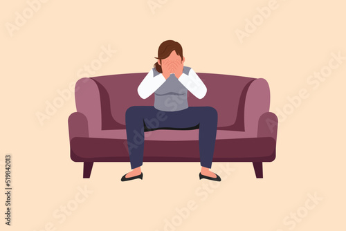 Business design drawing sad and depressed businesswoman sitting on sofa and holding her head. Lonely female sitting on couch. Failure and losing job concept. Flat cartoon style vector illustration