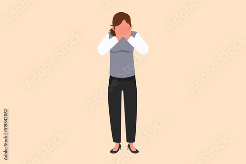 Business flat drawing depressed businesswoman cover her face by hands and crying. Depression disorder, sad, sorrow, disappointment. Psychological therapy treatment. Cartoon design vector illustration