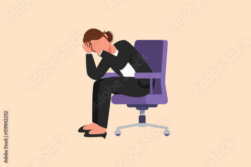 Business design drawing frustrated businesswoman holding head sitting alone on the chair at office. Regret on business mistake, depressed, stupidity, foolish. Flat cartoon style vector illustration