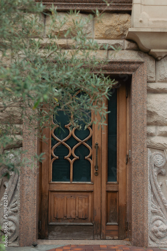 Beautiful vintage wood doors in stone wall and olive tree