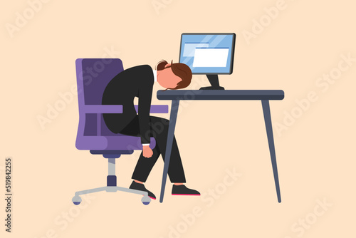 Business design drawing depressed businesswoman sitting with head on computer desk. Exhausted female manager in office. Frustrated worker mental health problems. Flat cartoon style vector illustration