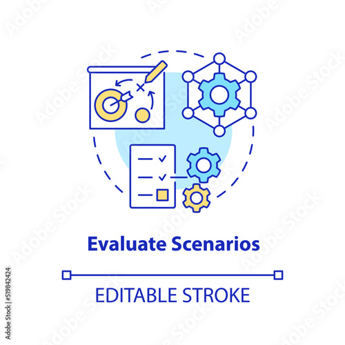 Evaluate scenarios concept icon. Optimize operational metrics. Supply chain priority abstract idea thin line illustration. Isolated outline drawing. Editable stroke. Arial, Myriad Pro-Bold fonts used
