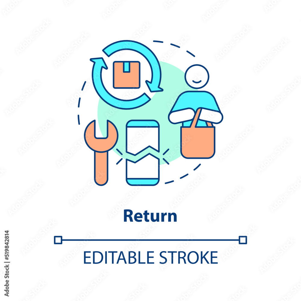 Return concept icon. Reverse logistics. Component of supply chain management abstract idea thin line illustration. Isolated outline drawing. Editable stroke. Arial, Myriad Pro-Bold fonts used Return concept icon. Reverse logistics. Component of supply chain management abstract idea thin line illustration. Isolated outline drawing. Editable stroke. Arial, Myriad Pro-Bold fonts used