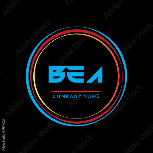 BEA ,B E A Alphabet Design With Creative Circles, RA Letter Logo Design, BEA Letter Logo Design On Black background, Letter BEA logo with colorful circle, letter combination logo design with ring photo