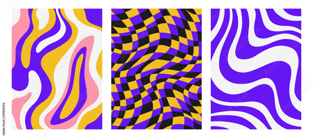 Set of bright abstract backgrounds. Patterns with distorted shapes, wavy strips and a checkered pattern. Retro style. Vector abstract illustration For posters, invitations, labels, covers, postcards Set of bright abstract backgrounds. Patterns with distorted shapes, wavy strips and a checkered pattern. Retro style. Vector abstract illustration For posters, invitations, labels, covers, postcards