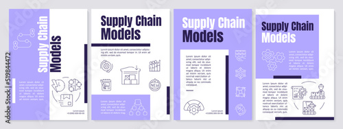 Models of supply chain purple brochure template. Business. Leaflet design with linear icons. Editable 4 vector layouts for presentation, annual reports. Anton, Lato-Regular fonts used