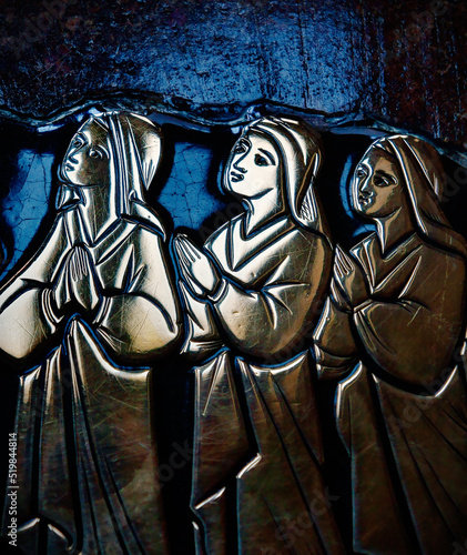 Worcester Cathedral, England. Victorian gothic style brasses by Hardman on stone tomb coffin lid of Sir Griffith Ryce died 1523 photo