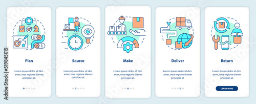 Components of supply chain management onboarding mobile app screen. Walkthrough 5 steps editable graphic instructions with linear concepts. UI, UX, GUI template. Myriad Pro-Bold, Regular fonts used