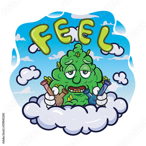 Cartoon Mascot Of Weed Bud With Glass Bong On Clouds.