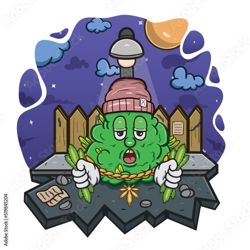 Cartoon Mascot Of Weed Bud With With Marijuana Leaf in Street Night.