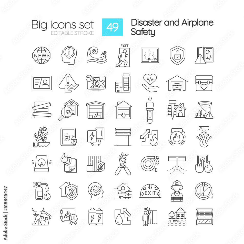 Disasters and accidents preparedness linear icons set. Keeping home safe, secure. Customizable thin line symbols. Isolated vector outline illustrations. Editable stroke. Quicksand-Light font used Disasters and accidents preparedness linear icons set. Keeping home safe, secure. Customizable thin line symbols. Isolated vector outline illustrations. Editable stroke. Quicksand-Light font used