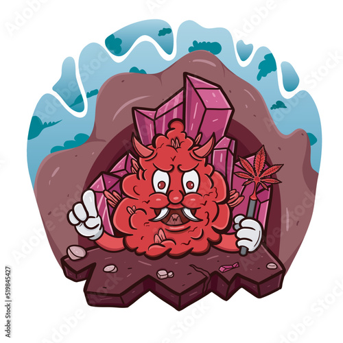 Cartoon Mascot Of Devil Weed Bud In Red Crystal Cave.