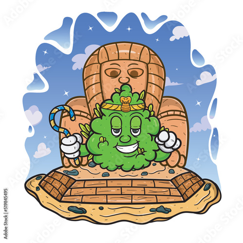 Cartoon Mascot Of Weed Bud With King Of Egypt In Pyramid.