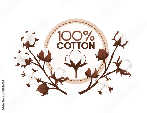 100 cotton label badge with cotton branches vector illustration isolated on white background
