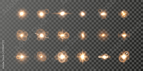 Effects, glare, radiance, explosion, white light, set. The shining of stars, beautiful sun glare. Vector illustration. light flash sun png.