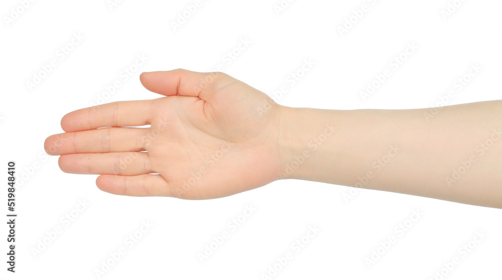 Woman hand shows handshake, on white background Woman hand shows handshake, on white background