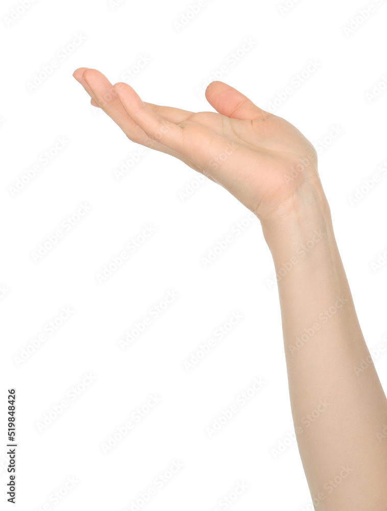 Woman hand shows virtual holding something, on white background Woman hand shows virtual holding something, on white background