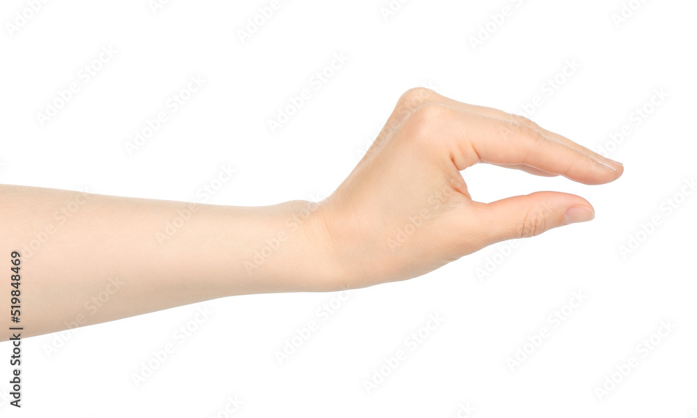 Woman hand shows virtual holding something, on white background Woman hand shows virtual holding something, on white background