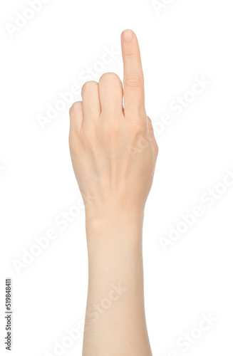 Woman hand shows virtual touching, on white background