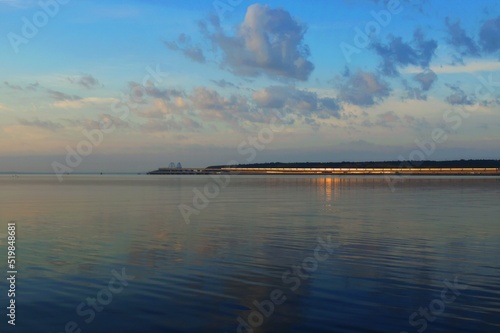 View of the Crimean bridge from the embankment at dawn of a summer day  beautiful seascape  Kerch  Russia