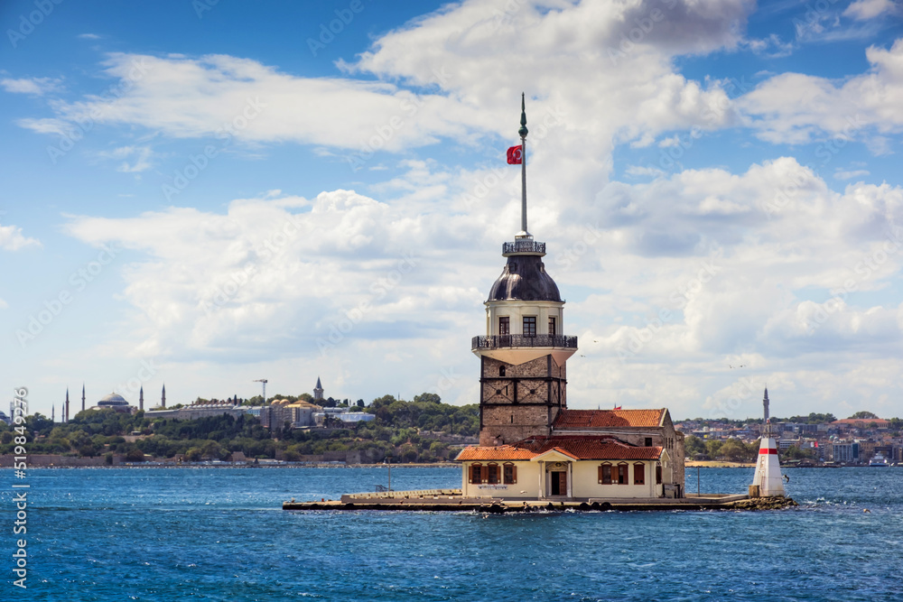 Bosphorus with famous Maiden Tower Kiz Kulesi in Istanbul in sunny day Bosphorus with famous Maiden Tower Kiz Kulesi in Istanbul in sunny day