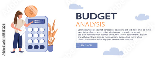 Analyzing budget concept. People do financial accounting, calculate statistics, earnings increase. Vector illustration in flat design