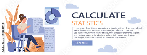 Analyzing budget concept. People do financial accounting, calculate statistics, earnings increase. Vector illustration in flat design