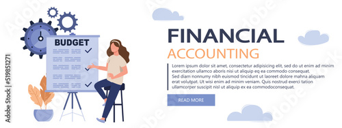 Analyzing budget concept. People do financial accounting, calculate statistics, earnings increase. Vector illustration in flat design
