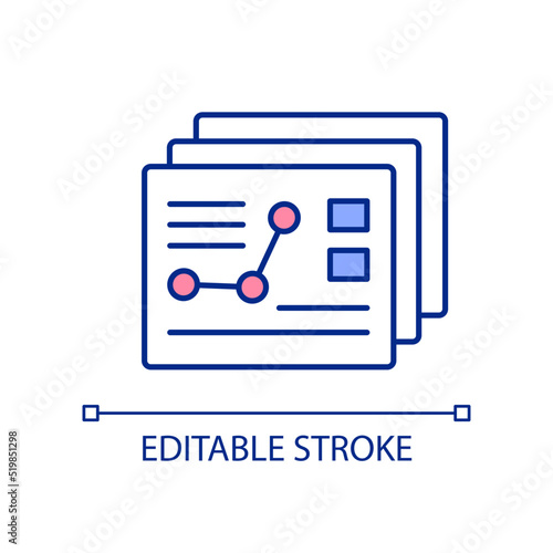 Analyzing data sets RGB color icon. Large amounts of information collecting. Market research reports. Isolated vector illustration. Simple filled line drawing. Editable stroke. Arial font used