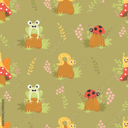 Seamless pattern with forest insects. Cute snail on fly agaric mushroom, lucky frog, worm and ladybug on stone in grass on green background. Vector illustration.