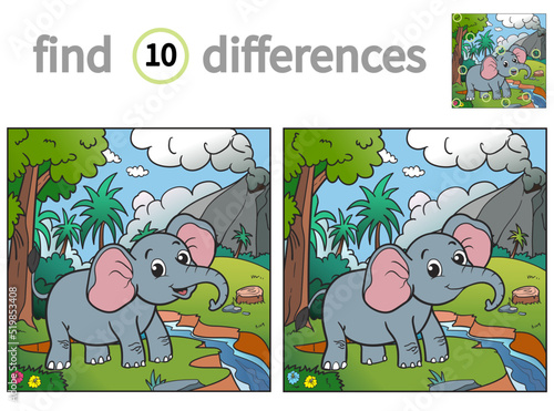 Find differences. educational game for children. vector illustration of cute elephant in the jungle