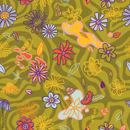 teenage seamless 70s retro floral pattern hippie