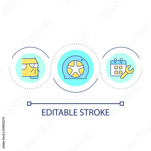 Vehicle troubleshooting service loop concept icon. Regular car checkup. Driving safety rule abstract idea thin line illustration. Isolated outline drawing. Editable stroke. Arial font used
