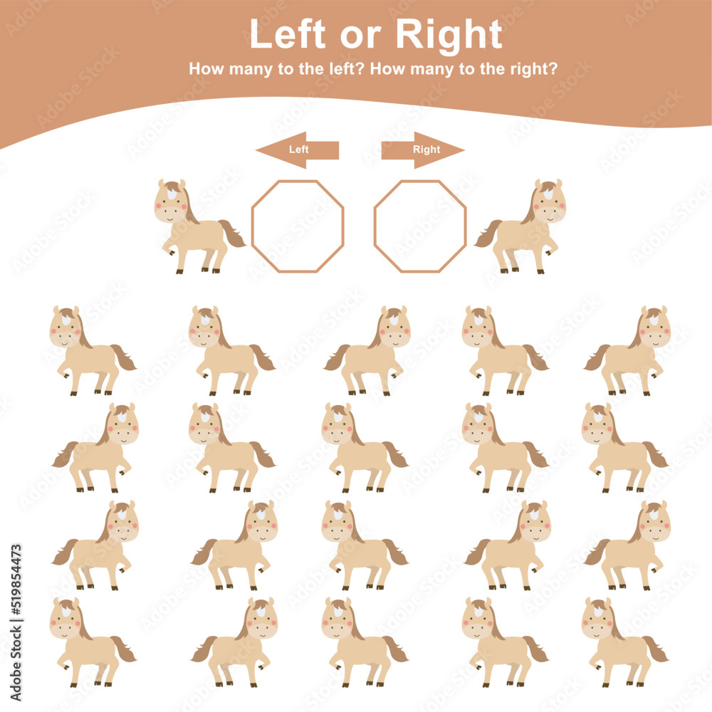 Left or Right Game for children. Worksheet activity for preschool kids. Counting animals how many are left and right. Vector illustration.