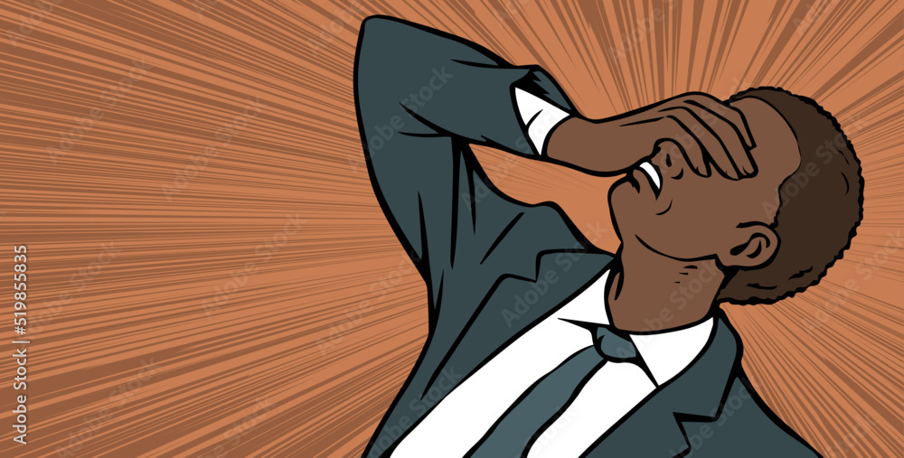 Fototapeta premium The young man is in great despair. African American. Desperate hand gesture, stress, tragedy and failure. Negative emotion. Cartoon vector illustration isolated on white background. Pop art style
