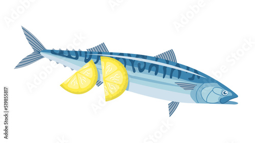 Sea fish mackerel with lemon. Cooking delicious food. Natural product. Useful and healthy food. Flat vector illustration isolated on a white background