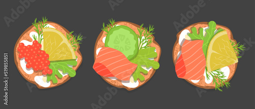 Set sandwich. Fresh red fish, caviar, dill, lettuce and lemon. Seafood ingredient. Delicious and appetizing food. Cooking and lunch. Flat vector illustration isolated on black background