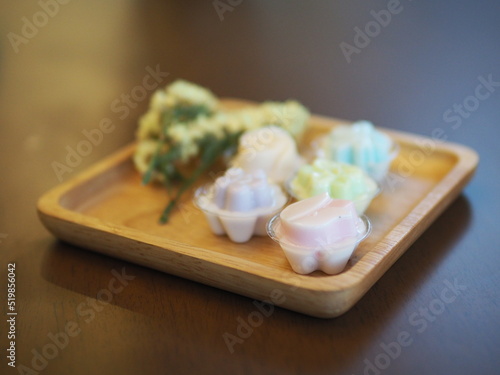 jelly desserts with a set of tea on the table
