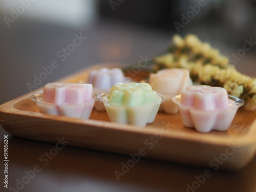 jelly desserts with a set of tea on the table