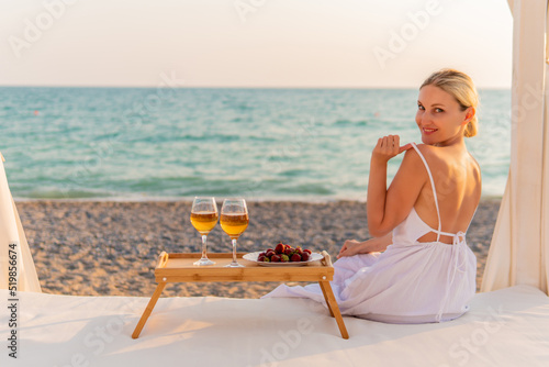 Girl wine sea restaurant tray rest two copyspace beach day, concept var background for romantic for picnic nature, tourism wineglass. View weekend table,