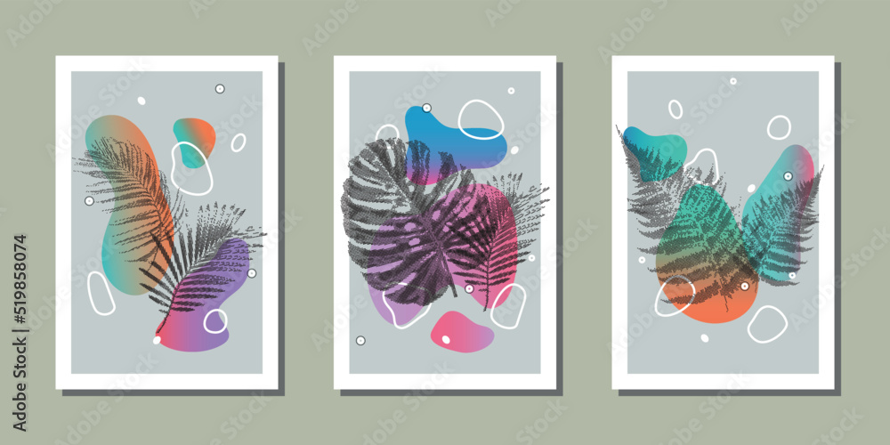 Set of three abstract collages with tropical leaves and colored gradient geometric shapes.Art design for poster, flyer, brochure, social media post, magazine. Vector illustration. Set of three abstract collages with tropical leaves and colored gradient geometric shapes.Art design for poster, flyer, brochure, social media post, magazine. Vector illustration.