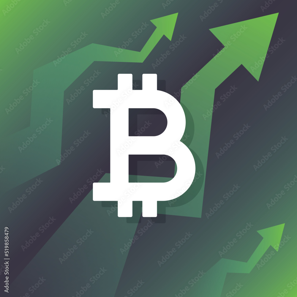 Bitcoin going up, BTC crypto currency rising price. Green arrows. Bitcoin going up, BTC crypto currency rising price. Green arrows.