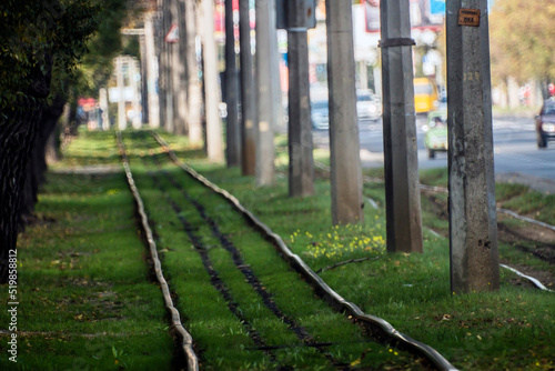 Crooked tram rails among green grass  trees and electric lampposts against the background of an asphalt road