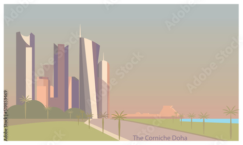 The corniche Doha.The waterfront promenade extending for seven kilometers along Doha Bay in the capital city of Qatar.Palm Tower, Al Bidda Tower And Burj Qatar.