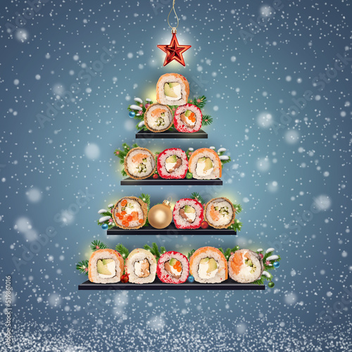Assorted set of various fresh sushi rolls with different fillings served as christmas tree. Traditional Japanese food on the blue background with snow.