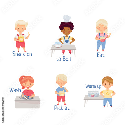 Cute kids cooking in kitchen demonstrating action verbs. Little children boiling, eating, washing vector illustration