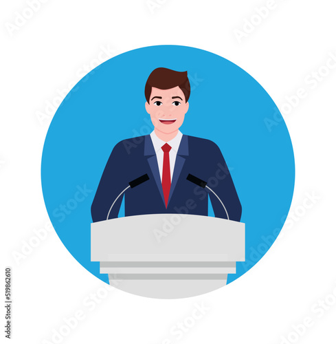 Man near podium. Speaker in suit stand on tribune for speech in conference. Politician speak from podium with microphones. Public orator. President or minister on tribune. Vector.