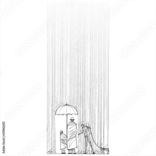 Two people and a begger stadning in the rain